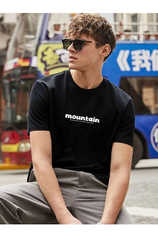 Erkek Siyah Oversize Mountain Baskılı T-shirt Siyah