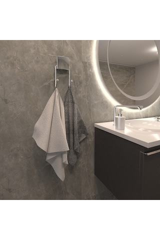 Dekoratif Yapıştırmalı Banyo Mutfak Metal İki Kancalı Askı Krom Pratik Vidasız Montaj Dc-4772 Gri