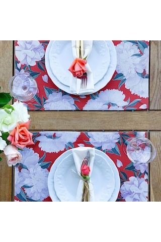 Red - White Rose Kumaş Amerikan Servis 4'lü Set - Keten Kumaş Ulusl. Yıkama Ve Solmama Sertifikası Çok Renkli