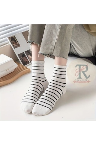 Trampler Sade Çizgili Benekli Unisex Çorap Soket 5 Çift Beyaz Siyah Beyaz
