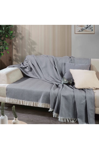 170 210 Cm Pamuklu Önden Saçaklı 170x210 Koltuk Örtüsü 2'li Paket Antrasit
