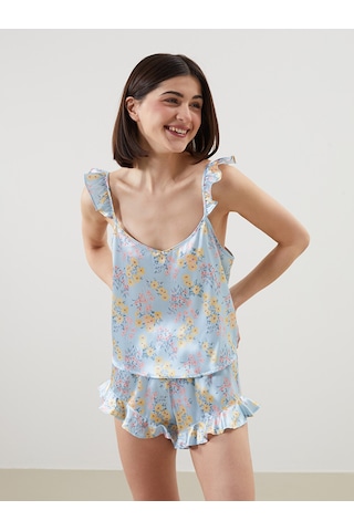Lcw Dream Mavi V Yaka Saten Kadın Şortlu Pijama Takımı