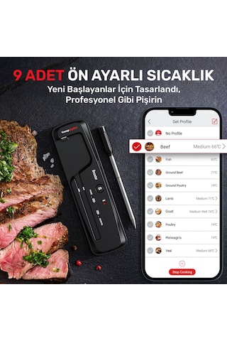 Thermopro Tp961 Şarjlı 150m Kablosuz Alarmlı 1problu Telefon Kontrollü Profesyonel Gıda Termometresi