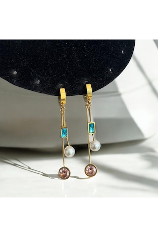 Kırmızı Sanat Evi Pembe Ve Mavi Taşlı Sallantılı Çelik Küpe