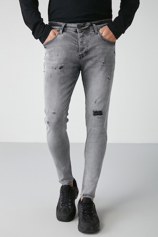 Grimelange GRIMELANGE Johen Erkek Skinny Fit Yıpratmalı Esnek Yapılı Kalın Dokulu Denim Kot Açık Gri Jeans Açık Gri