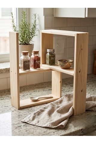 Nest Wood Doğal Ham Ahşap 2parça Modüler Baharatlık Rafı Mutfak Tezgah Üstü Düzenleyici Baharat Standı 45x65cm