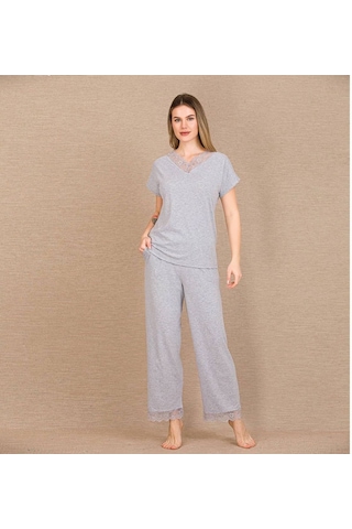 İkikareshop Viskon Şık Tasarım Dantel İşlemeli Gri Kısa Kol Pijama Takımı Çok Renkli