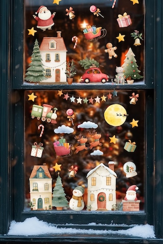 Yılbaşı Cam Sticker Seti 35+ Parça Büyük Boy Noel Pencere Süsleri Çıkart & Yapıştır Çocuk Odası Salon Vitrin Dijital Baskı