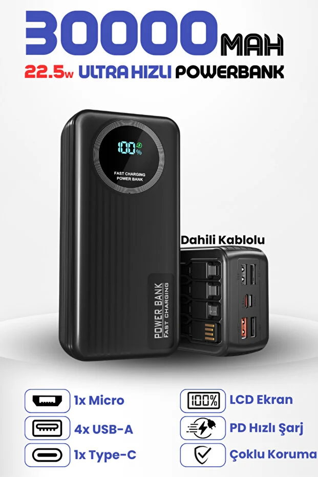 30.000mah Forefo 22.5w Hızlı Şarj Destekli Dahili Kablolu Taşınabilir Batarya Powerbank Siyah