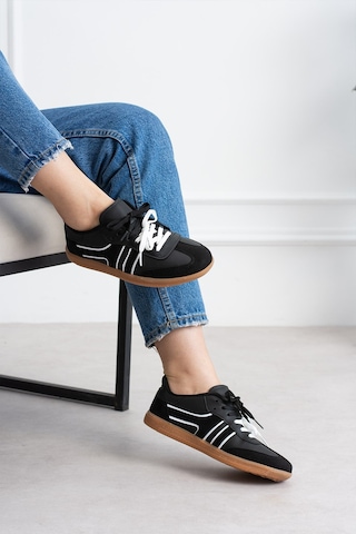 Shoetek Savs Kadın Sneakers Çift Bağcıklı Spor Ayakkabı Siyah Deri