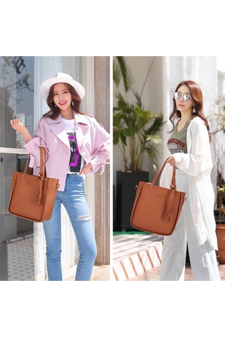 Parçalı Çanta Seti Kadın Pu Deri Omuz Çantası Dört Parça Siyah Diğer