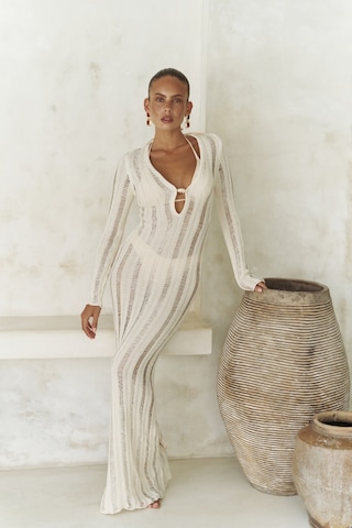 Mai Collection Mai Studios Co. Anandra Boncuk Detay Bej Triko Uzun Elbise Bej