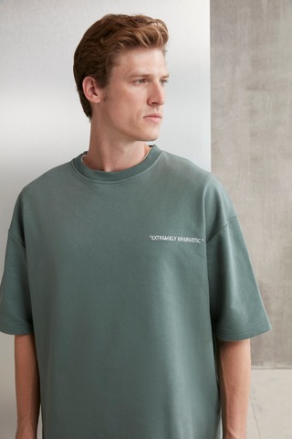 Colombıa  Erkek 2'li Set Comfort Fit Rahat Kalıp Yazı Nakışlı Şardonsuz Yeşil Eşofman Takımı