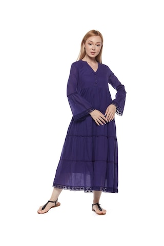 Uzun Kollu Mor Düğmeli Vual Yazlık Uzun Elbise