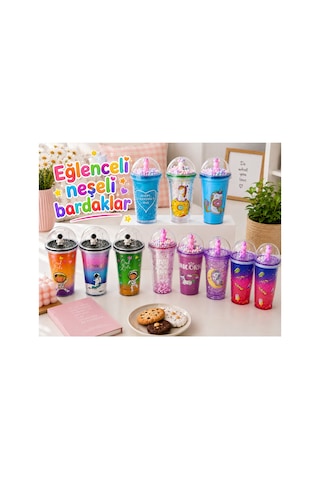 Sevimli Figürlü Kristal Plastik Pipetli Bardak,450 Ml, Özel Tasarım Pipetli Plastik Suluk,matara Pembe