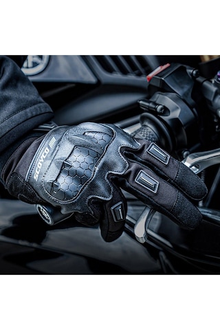 Motoanl Motosiklet Kışlık Eldiven Waterproof Oxford Ve Deri Kumaş Premium Motor Korumalı Eldiveni Siyah
