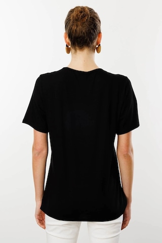 Desen Triko Sıfır Yaka Taş Baskılı Penye Kadın T-shirt 25769 Siyah