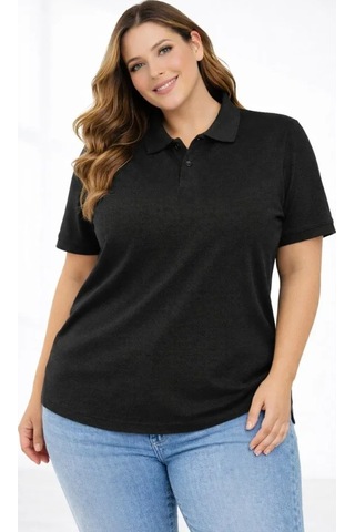 Gizers Giyim Pike Kumaş Düğmeli Yaka Battal Büyük Beden Günlük Kısa Kol Tişört T-shirt - Siyah