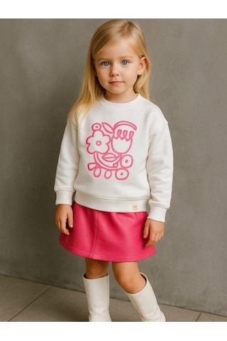 Kız Çocuk Pamuklu Çiçek Desenli Sweatshirt-16337 Ekru