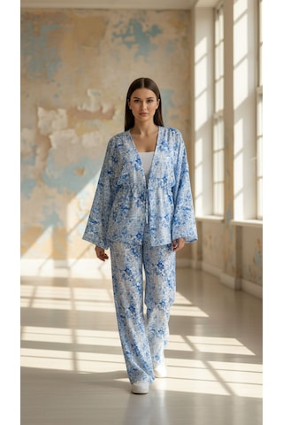 Divinus Kimonolu 5'li Pijama Takım Açık Mavi - Beyaz