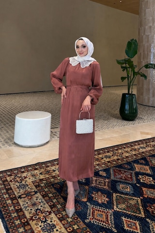 Riella Butik Dantel Yakalı Zarif Tesettür Elbise Soğan