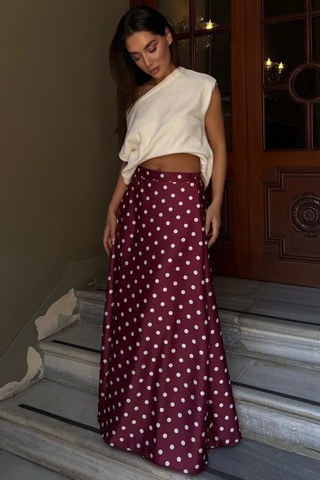 Seeh Bordo Puantiyeli Maxi Kadın Saten Etek Sh385 Düz Renk