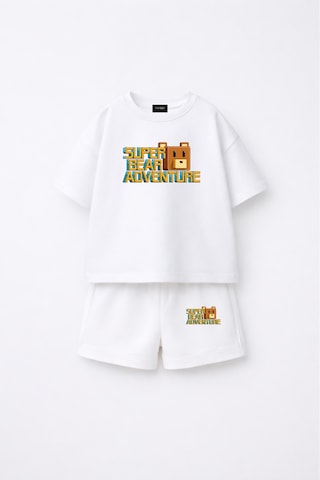 Fasardi Super Bear Adventure Süper Ayı Baskılı Oversize %100 Pamuk Tişört Şort 2li Çocuk Takım Beyaz