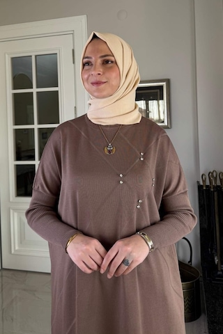 Rabia Şamlı Melda Triko Tunik Sütlü Kahve Çok Renkli