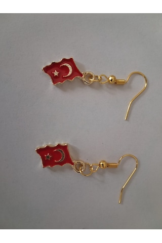 Set Kolye, Küpe, Makrome Bileklik Ay Yıldız, Türk Bayrağı, Kırmızı Boyalı, Tek Yüzlü Hediye Ambalajlı