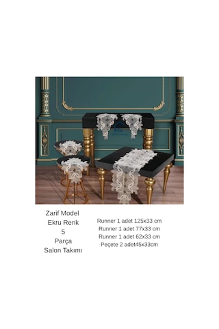 Salon Takımı 5 Parça Dantelli Masa Örtüsü Runner Seti Çeyizlik Zarif Model No 96801 Krem Çok Renkli