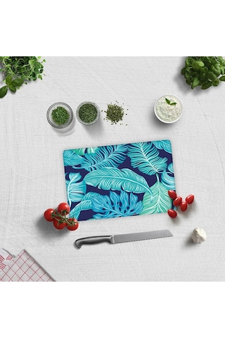 Decorita 10011501055 Mavi Tropik Yapraklar Cam Kesme Tahtası, 20cm X 30cm Diğer