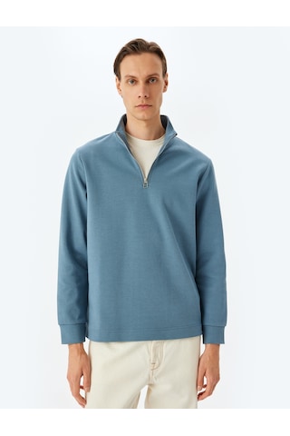 Koton Uzun Kollu Pamuklu İnterlok Kumaş Yarım Fermuarlı Sweatshirt Mavi 5sam70002mk Mavi