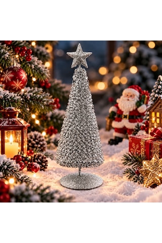 Özel Tasarım Metal 23 Cm Gümüş Yılbaşı Ağacı Metal Parlak Simli Gümüş Noel Ağacı Yılbaşı Çam Ağacı