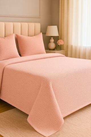 Renkli Gofret Desen Tek Kişilik Yatak Örtüsü Otel Pike 160x230 Cm Pudra Pudra