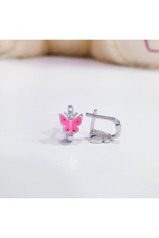 Pembe Kelebekli Gümüş Çocuk Küpesi Gümüş Renk