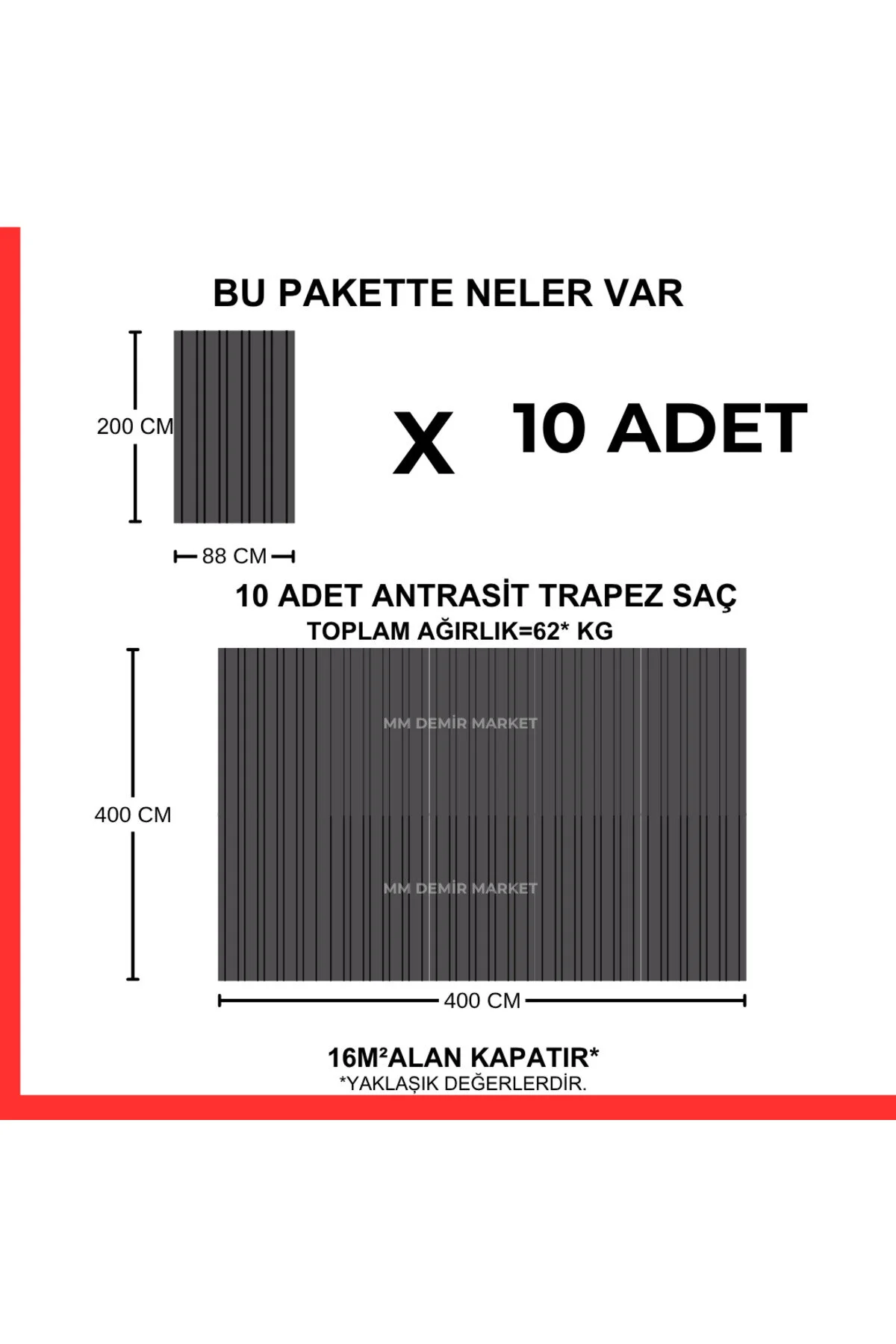 Galvanizli Trapez Çatı Kaplama Sacı 2 Metre -antrasit 10 Adet-su Geçirmez Ve Paslanmaz Metal Sac