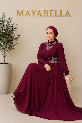 Mayabella Taşlı Şifon Tesettür Abiye Fuşya