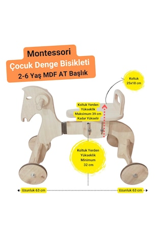Montessori Çocuk Denge Bisikleti 2-6 Yaş Mdf At Başlık