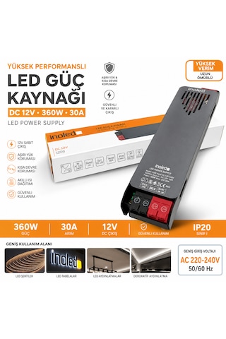 İnoled 1209 30a 360w 12v Led Güç Kaynağı Kısa Devre Korumalı Adaptör Şerit Led Trafo 220v Ac 12v Dc Dönüştürücü Yüksek Verimli, Güvenli, Uzun Ömürlü Led Trafo 30 A