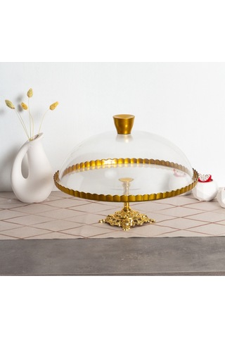 Elta Collection Paşabahçe Lüx Metal Ayaklı Yaldızlı Kek Fanus Pasta Sunumluk Altın