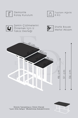 Lyon 3'lü C Zigon Sehpa Beyaz Metal - Beyaz Mermer Tabla