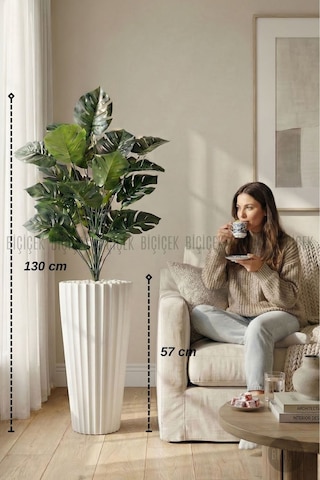 Biçiçek Yapay Monstera Deve Tabani Bi̇tki̇si 130 Cm Beyaz Li̇lyum Saksıda