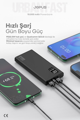 Jopus 10000mah Powerbank Pd 22.5w Hızlı Şarj - Dijital Ekranlı - Taşınabilir Şarj Cihazı Siyah