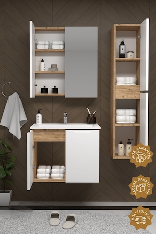 Teta Home Astana 65 Cm Mdf Gövde Membran Kapak Banyo Dolabı Seti + Boy Dolabı Atlantik Çam - Beyaz
