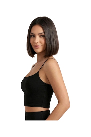 Mrm Pro Kadın Siyah İp Askılı Crop Atlet Esnek Fit Nakışlı Crop Top Büstiyer Ön Kısım Çift Siyah Siyah
