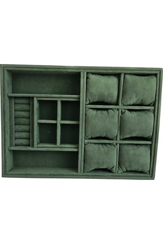 Organizatör Koyu Yeşil Süet Tabla Kolye & Yüzük Düzenleyici Ve Gözlük 6 Yastık 4 Bölmeli Rulo Çok Renkli