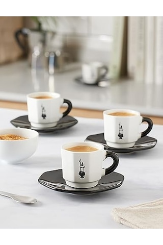 4'lü Espresso Fincan Seti - Sekizgen Tasarım - Siyah Beyaz Karma Renk - Porselen Çok Renkli