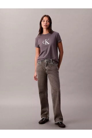 Kadın Kısa Kol Ck Yazı Detay Bisiklet Yaka Gri T-shirt Gri