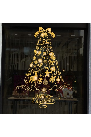 Yifomall Noel Ağaçlı Elektrostatik Pencere Stickerı - Altın Parlak 30x37 Cm, Reindeer-santa Hediyeli, Glue Yok, Noel Dekorasyonu Altın