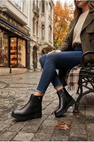 Pierre Cardin 56116 Parlak Fermuarlı Lastik Taban Kalın Topuklu Kadın Bot Siyah